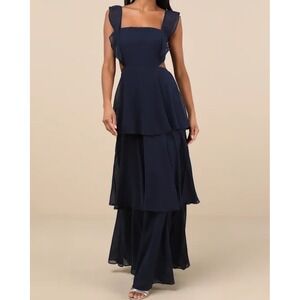 Lulus Elegant Event Navy Blue Ruffled Tiered Maxi Dress Bow Tie Cutout Size S